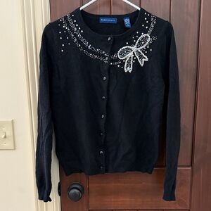 Karen Scott Wool Black Cardigan with White Embellishments